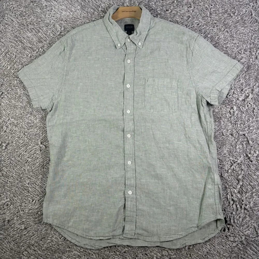 J Crew Linen Button Down Shirt Mens Large Short Sleeve Gray Cotton Beach Summer